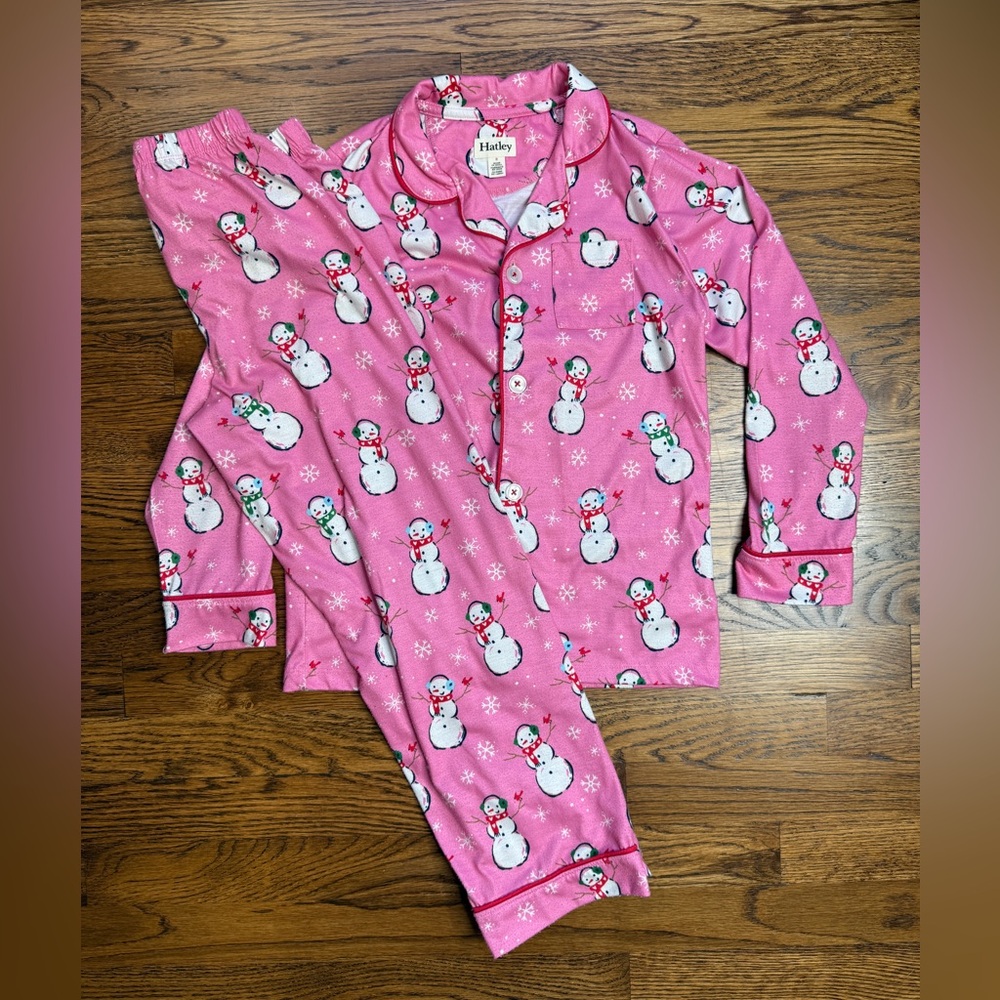 Hatley Girls Winter Pink Snowman Print Button Up Pajama Set Size 7